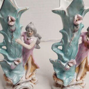 Vintage Hand Painted Chase Vases Made In Japan 7"high Teal/Pink Ladies (GS3)